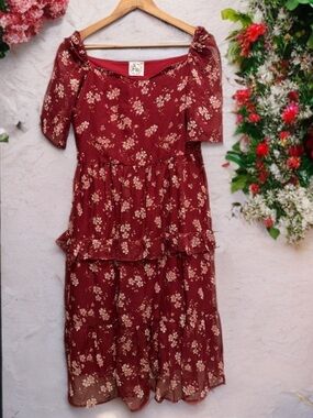 Yellow Bell Floral Dress XXL Red Cottagecore Boho Tie Waist Tiered Midi